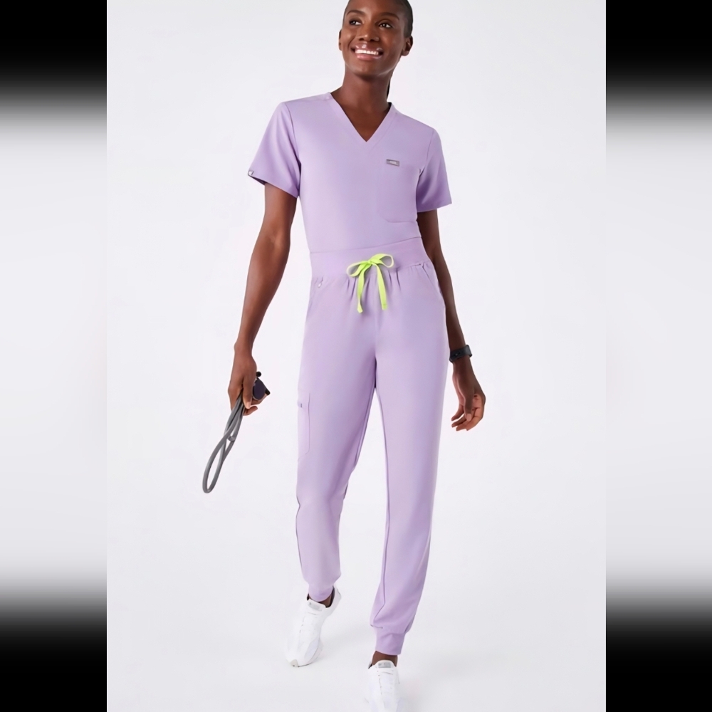 Figs Women's Lavender Scrub Jumpsuit with Neon Yellow Drawstring